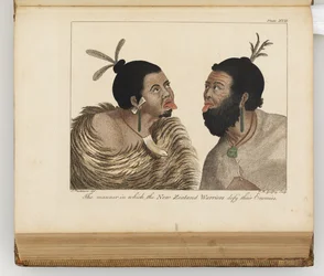 A maneira pela qual os guerreiros neozelandeses desafiam seus inimigos, ilustração de Um diário de uma viagem aos mares do sul: na nave de Sua Majestade, o Endeavour, 1794 (gravura colorida à mão)